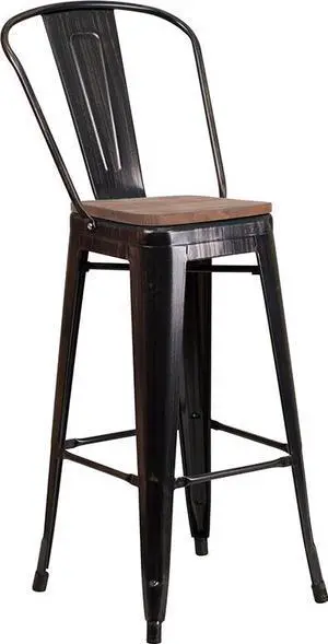 30" High Black-Antique Gold Metal Barstool with Back and Wood Seat 30" High Black-Antique Gold Metal Barstool with Back and Wood Seat