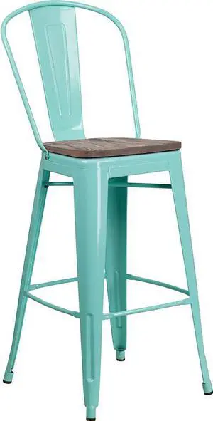 30" High Mint Green Metal Barstool with Back and Wood Seat 30" High Mint Green Metal Barstool with Back and Wood Seat
