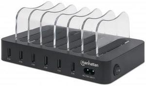 Manhattan Charging Station, 6x USB-A Ports, Outputs: 6x 2.4A, Smart IC, LED Indicator Lights, Black, Three Year Warranty