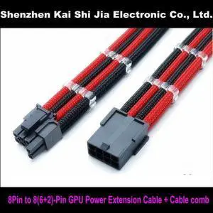 12" Single Sleeved Black & Red PCI-E GPU 8 Pin to 6+2 Pin PCI-E Power Extension Cable + 2PCS Cable Comb