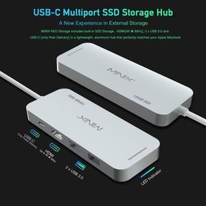 MINIX usb-c all in one adapter , Aluminium USB-C Multiport SSD Storage Hub, Combine 120GB M.2 SSD Storage with HDMI [4K @ 30Hz], 2 x USB 3.0 and USB-C for Power Delivery, Gray/Silver
