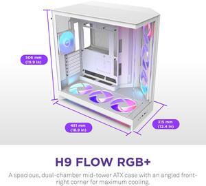 NZXT H9 Flow RGB+ (2025)  Large Dual-Chamber ATX Mid-Tower Airflow PC Case  Includes 7 RGB Fans (6 x 140mm, 1 x 120mm) & Control Hub  420mm Radiator Support  Back-Connect Ready  White