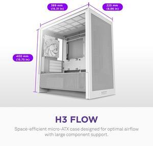 NZXT H3 Flow  Micro-ATX PC Case  Optimized Airflow  Includes 1 x 120mm Rear Fan  Supports Full-Sized GPUs  Fits 280mm Front, 240mm Top Radiator   Back-Connect Motherboard  White
