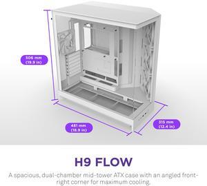 NZXT H9 Flow (2025)  Large Dual-Chamber ATX Mid-Tower Airflow PC Case  Includes 3 x 140mm & 1 x 120mm Fans  420mm Radiator Support  Tempered Glass  Back-Connect Ready  White