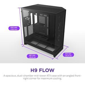 NZXT H9 Flow (2025)  Large Dual-Chamber ATX Mid-Tower Airflow PC Case  Includes 3 x 140mm & 1 x 120mm Fans  420mm Radiator Support  Tempered Glass  Back-Connect Ready  Black