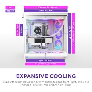 NZXT H9 Flow RGB (2025)  Large Dual-Chamber ATX Mid-Tower Airflow PC Case  Includes 1 x 420mm RGB Fan Unit & 1 x 120mm Fan  420mm Radiator Support  Tempered Glass  Back-Connect Ready  White