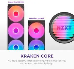 NZXT Kraken Core 360 RGB - AIO CPU Liquid Cooler - 360 mm Radiator -  360 mm Single-Frame Fan - Compatible with AMD® AM5/AM4 & Intel® LGA 1851/1700/1200/115X - Black