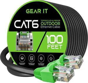 GearIT Cat6 Outdoor Ethernet Cable (100 Feet) CCA Copper Clad, Waterproof, Direct Burial, In-Ground, UV Jacket, POE, Network, Internet, Cat 6, Cat6 Cable - 100ft, Personal Computer