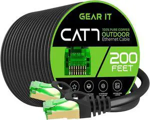 GearIT Cat7 Outdoor Ethernet Cable (200ft) SFTP Shielded Foil Twisted Pair, Pure Copper, LLDPE, Waterproof, Direct Burial, In-Ground, UV Resistant, POE, Network, LAN, Internet, Cat 7-200 Feet