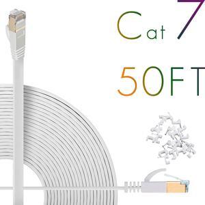 Cat7 Ethernet Cable 50ft Flat High Speed Shielded (STP) Solid Computer Network Cord with Snagless Rj45 Connectors Slim Durable Internet LAN Wire for Modem,Router.Faster Than Cat5e/Cat5/cat6 (White)