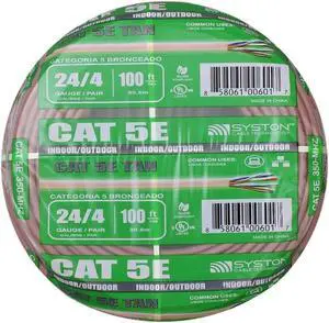 Cat 5e Ethernet Network Cable350MHz 24AWG Solid Bare Copper Wire Outdoor/Indoor, Bulk No Ends 10 Ft to 1000 Ft Available, Heat Resistant Riser Rated - CMR