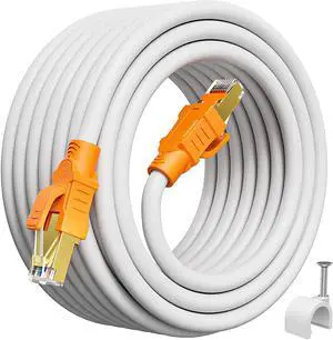 Cat 8 Ethernet Cable 30ft Shielded, Indoor&Outdoor, Heavy Duty High Speed Direct Burial 26AWG Network Cable, 40Gbps 2000Mhz, Weatherproof Solid Copper RJ45 Internet Cable for Router, 10 Clips-White