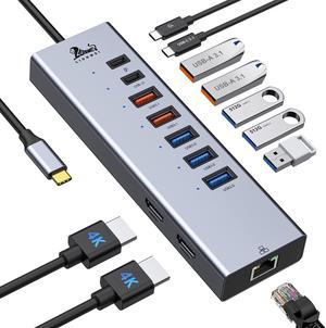 USB C Hub Dual HDMI, 10Gbps Laptop Docking Station 10 in 1 USB C to Dual Monitor Adapter Dongle with Gigabit Ethernet, 2 USB A 3.1, USB C Data, 3 5Gbps USB A 3.0 and 100W PD for Dell/HP/Lenovo/MacBook