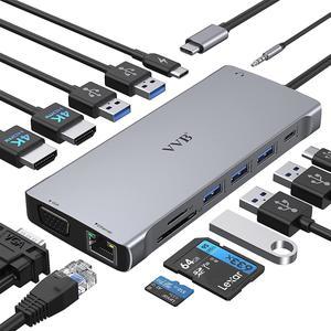 Docking Station for Laptop Dual Monitor, 14 in 1 USB C Hub Multiport Adapter, USB Type C Hub to Dual 4K HDMI,VGA,100W PD,Ethernet,5 USB,USB C Port,SD/TF,Audio/Mic,USB-C Dock for Dell/HP/Lenovo/Surface