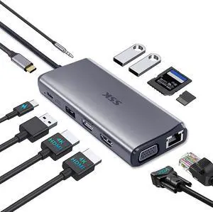 SSK Laptop USB C Docking Station Dual Monitor,HDMI 4K/60Hz Multiport Adapter 11 in 1 USB C Hub, Thunderbolt Dock Triple Display with 2 HDMI+VGA,RJ45 Ethernet,100W PD,3 USB for MacBook,,HP,Lenovo