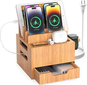 Pezin & Hulin Multi Device Charging Station, with Charger HUB Adapter, All in One Large Dock Organizer with Drawer Storage, Compatible with Phones, Tablets, Earbuds (5 Mixed Cables Included)