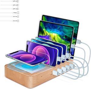 OTESS Fastest Charging Station for Multiple Devices, 5 USB Ports with 1 Qi Charging Pad, 6 Mixed Cable Included, for Apple/AirPods/iPad/Samsung/Android/Tablet