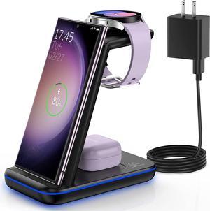 Wireless Charging Station for Samsung/Android, Fast Wireless Watch Charger Station Compatible for Samsung Galaxy S25 Ultra/S24/S23+/Z Flip 6/5 Fold 6/5, Watch7/6/Pro/Active 2 Galaxy Buds3/2 Pro(Black)