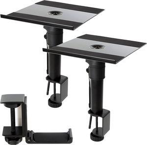 ZONDER Desktop Speaker Stands Clamp Pair - Adjustable Studio Monitor Stands Desk Clamp - 360º Rotation for PC Laptop Gaming - with Foldable Aluminum Headphone Hanger for Headset Game Controllers