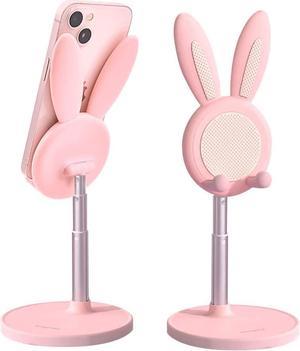 NocksyDecal Cute Bunny Phone Stand, Kawaii Cell Phone Holder for Desk Compatible with All Mobile Phone, Tablet, Switch, Height Angle Adjustable, Pink Office Decor Gift for Girl Women