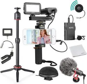 Movo V8 Huge Vlogging Kit for iPhone with Tripod, Grip, Microphones, LED Lights, and Wireless Remote Vlog Kit - YouTube Starter Kit for iPhone or Samsung - iPhone Vlogging Kit Equipment