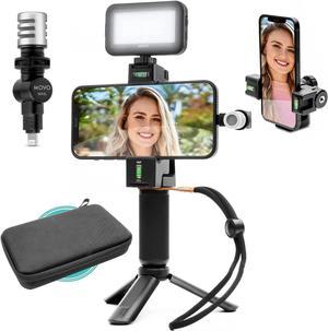 Movo iVlogSK Starter Kit for Content Creators - Smartphone Video Vlogging Kit for iPhone - Includes Lightning Microphone, LED Video Light, Phone Holder, Grip, and Mini Tripod