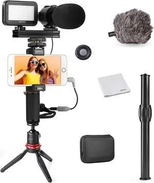 Movo V7+ YouTube Starter Kit - Vlogging Kit for iPhone with Tripod, Grip, Stereo Microphone, LED Light and Remote - Vlog Kit for iPhone 5, 5C, 5S, 6, 6S, 7, 8, X, XS or Samsung - iPhone Vlogging Kit