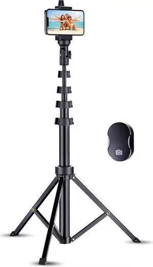 Fugetek 67" Professional Cell Phone Tripod, Portable All in One, Bluetooth Remote, Phone Holder, Compatible with iPhone & Android Devices, Non Skid Feet, Black