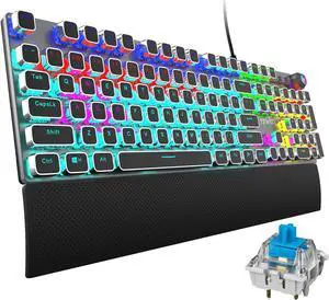 TEWELL Quick Responsible Blue Switches Mechanical Gaming Keyboard, Rainbow LED Rainbow Backlit Typewriter Keyboards with Removable Hand Rest, 104 Anti-ghosting Keys, for PC, Laptop, Computer