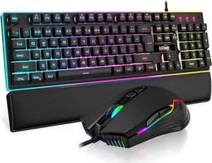 K10 Wired Gaming Keyboard and Mouse and Wrist Rest Combo, RGB Backlit, Mechanical Feel Anti-ghosting Keyboard + 7D 7200 DPI Mice+Soft Leather Wrist Rest 3 in 1 PC Gamer Accessories(Black)