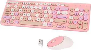 Wireless Keyboard and Mouse Combo, Retro Typewriter Wireless Keyboard with Round Keycaps, 2.4GHz Full-Size USB Cute Wireless Keyboard Mouse for Computer, Desktop, Laptop and Computer (Pink-Colorful)