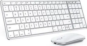 seenda Bluetooth Keyboard and Mouse for Mac, SKM64-2 Multi-Device Rechargeable Slim Wireless Keyboard Mouse Stainless Steel Full Size, Compatible with MacBook Pro/Air, iPad, Mac - White Silver