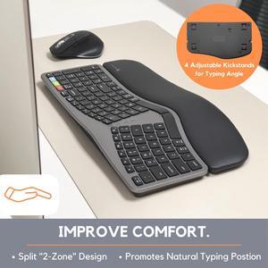 X9 Wireless Ergonomic Keyboard Mouse Combo - 2.4G+BT Optimized for Comfort - Bluetooth Ergonomic Split Keyboard with Wrist Rest and 6 Button Ergo Mouse - Rechargeable Mouse Keyboard - X9RBERGO2SGCB