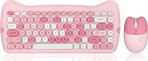 Perixx PERIDUO-715 Wireless Mini Keyboard and Mouse Set - Cute Cat-Like Design - Pink Candy Colors - Portable Travel Bag - Type-C Adapter - US English