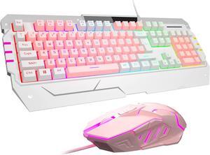 Pink Keyboard USB Gaming Keyboards and Mouse Combo, GT817 104 Key Rainbow Backlit Keyboard and Mouse Set, Computer Keyboard USB Wired Mouse for Windows PC Gamers (White & Pink)