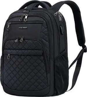 Travel Laptop Backpack 17 Inch Large Computer Backpack Water-Repellent Daypack with USB Charging Port RFID Pockets for Work/Business/College/Men/Women(Quilted)