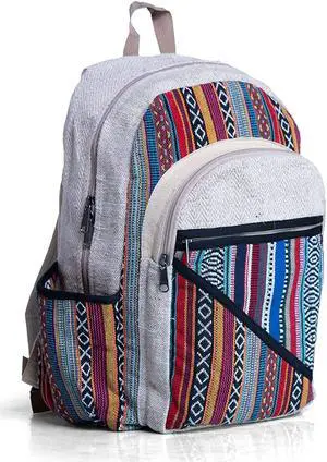 Ruana Lightweight Hemp Backpack 100% Natural Hemp cotton Fabric Casual Daypack Multipurpose Handmade Laptop Bag For Travel, Hiking, Yoga, Picnic (Tribal Stripes, 38 cm W x 45 cm L)