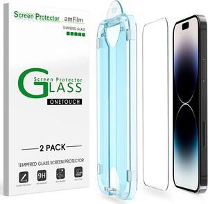 amFilm Screen Protector OneTouch Compatible with iPhone 14 Pro Max 6.7", Dynamic Island Compatible- with Easy Installation Kit, Full Coverage Case Friendly, Tempered Glass, 2 Pack