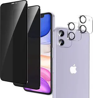 YMHML 2 Pack Privacy Screen Protector + 2 Pack Camera Lens Protector, Anti Spy Tempered Glass Privacy Screen for iPhone 11 6.1 Inch, Precise Cutout Bubble Free