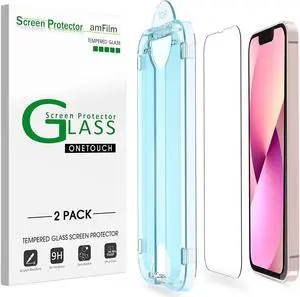 amFilm OneTouch Glass Screen Protector Compatible with iPhone 13 Mini 5.4" 2021 with Easy Installation Kit, Full Coverage Case Friendly, Tempered Glass, 2 Pack