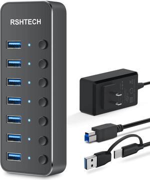 Powered UBS Hub, RSHTECH 7 Port USB 3.0/USB C Hub Upgraded Version Aluminum USB Hub with 2-in-1 USB Cable,5V 3A Power Adapter and Individual Switches, USB Port Expander Hub for Laptop and PC, RSH-ST07