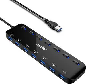 7-Port USB 3.0 Hub Splitter, USB Extender Ultra Slim Data USB Hub with Individual Power Switch and LEDs