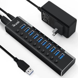 Powered USB Hub 3.0 Aluminum 10 Port USB 3.0 Data Hub Splitter with 12V/3A 36W Power Adapter and Individual On/Off Switches for Desktop PC Laptop and More
