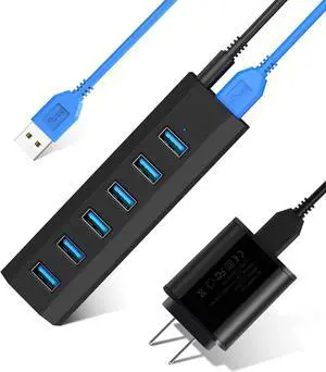 USB Hub, Aiibe 6 Ports Super High Speed USB 3.0 Hub Splitter + 10W Power Adapter + USB 3.0 Cable, Black Smart Fast Charger Powered USB Hub for Laptop, Mac, PC, Mobile HDD, Mulitple Devices