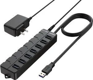 VEMONT USB hub,Computer Peripheral Equipment 7-Port USB 3.0 hub with 5V2A Power Adapter and Individual On/Off Switches,USB Charging hub 4ft/1.2m Long Cable