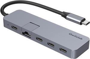 Qwiizlab 4 Ports USB-C Hub, 1Gbps Gigabit Ethernet, 5Gbps USB-C Data, 100W USB-C PD for MacBook, iPad Pro, Surface Pro and Laptop