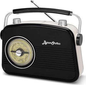 ByronStatics Black AM FM Radio Portable - Small Radio Vintage/Retro with Large Analog Rotary Tuning Dial - Power Plug or 4 x 1.5V AA Battery Radio - Portable Radios with Headphone Jack