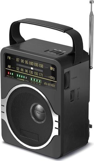 JEUJUG Portable AM FM Radio Bluetooth 50 Radio 5 Watts Loud SpeakerFM Radio Builtin Rechargeable BatteryDC D4 Cell Battery Operated  AC Power Plug in Wall Radio Black