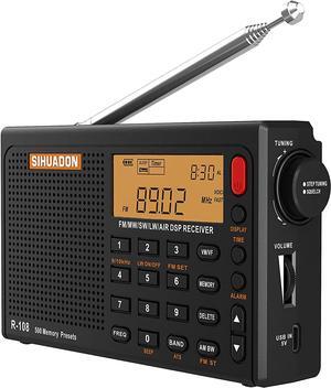 SIHUADON R108 Portable Radio AM FM SW LW Airband Full Band DSP Radio Battery Operated with Headphone Antenna Jack Sleep Time and Alarm Clock 500 Memory Preset for Parents by RADIWOW (Black)
