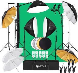 LOMTAP Backdrop Stand Green Screen Photography Lighting Kit 3 Softboxes 5 Photo Umbrellas 5 in1 Reflector Accessories for Video Equipments Studio Lights Parties